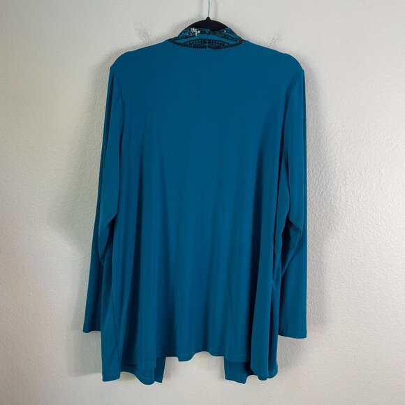 Bob Mackie Wearable Art Plus 1X Cardigan Turquoise Sequin Trim Open Front - Picture 9 of 10